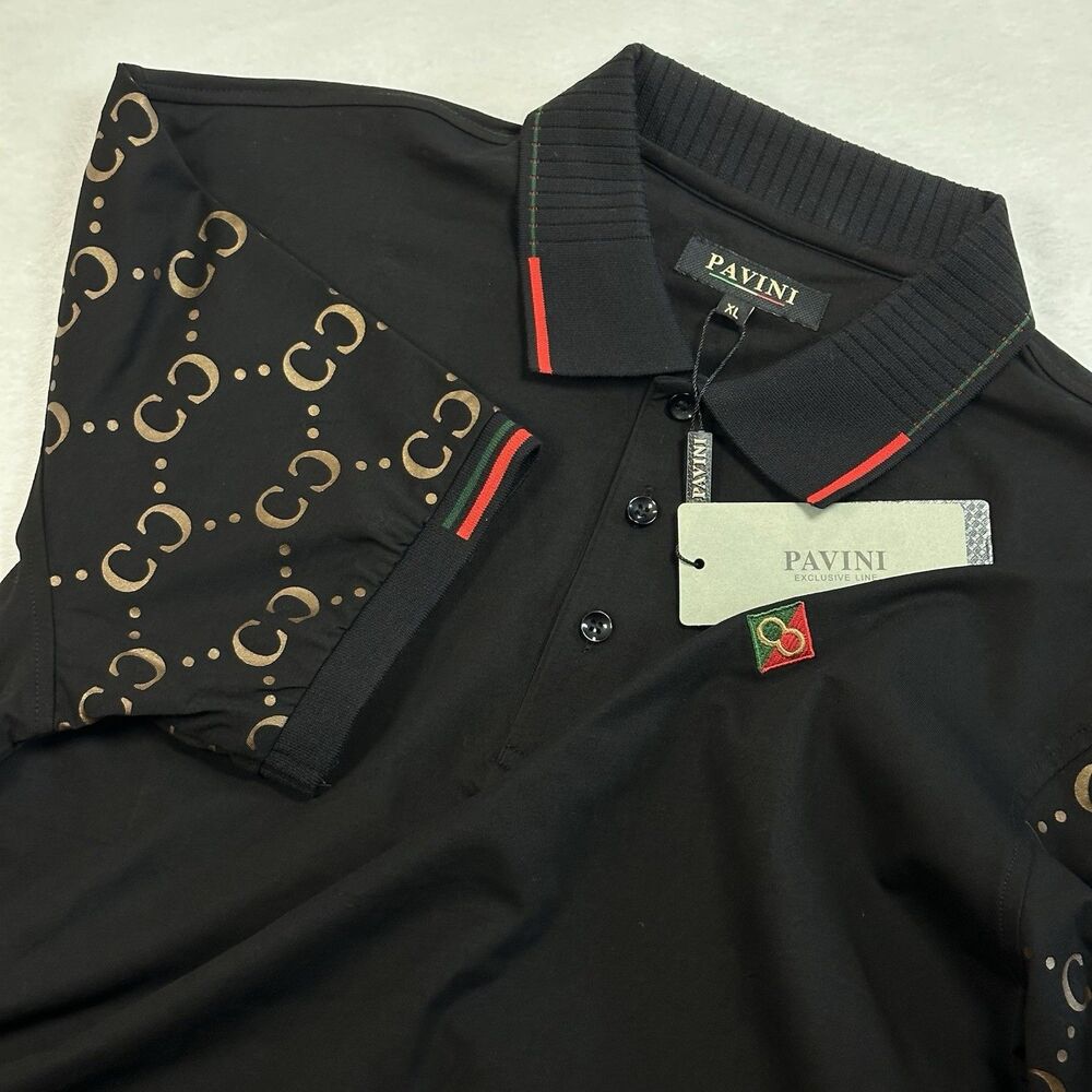 New Pavini Exclusive Line Polo Shirt XL Black Monogram Print Short Sleeve Golf